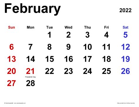 February 2022 Calendar Editable
